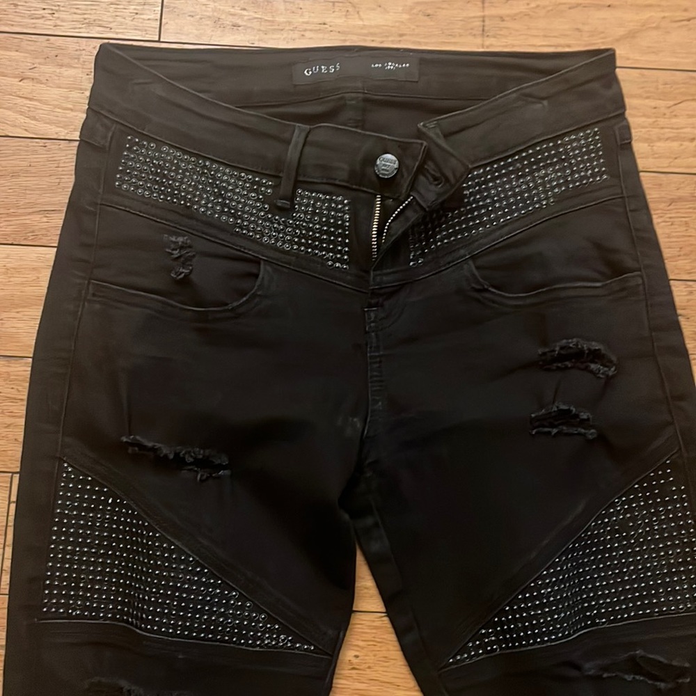 Black Guess Jeans Distressed Skinny Leg black studded Jeans
